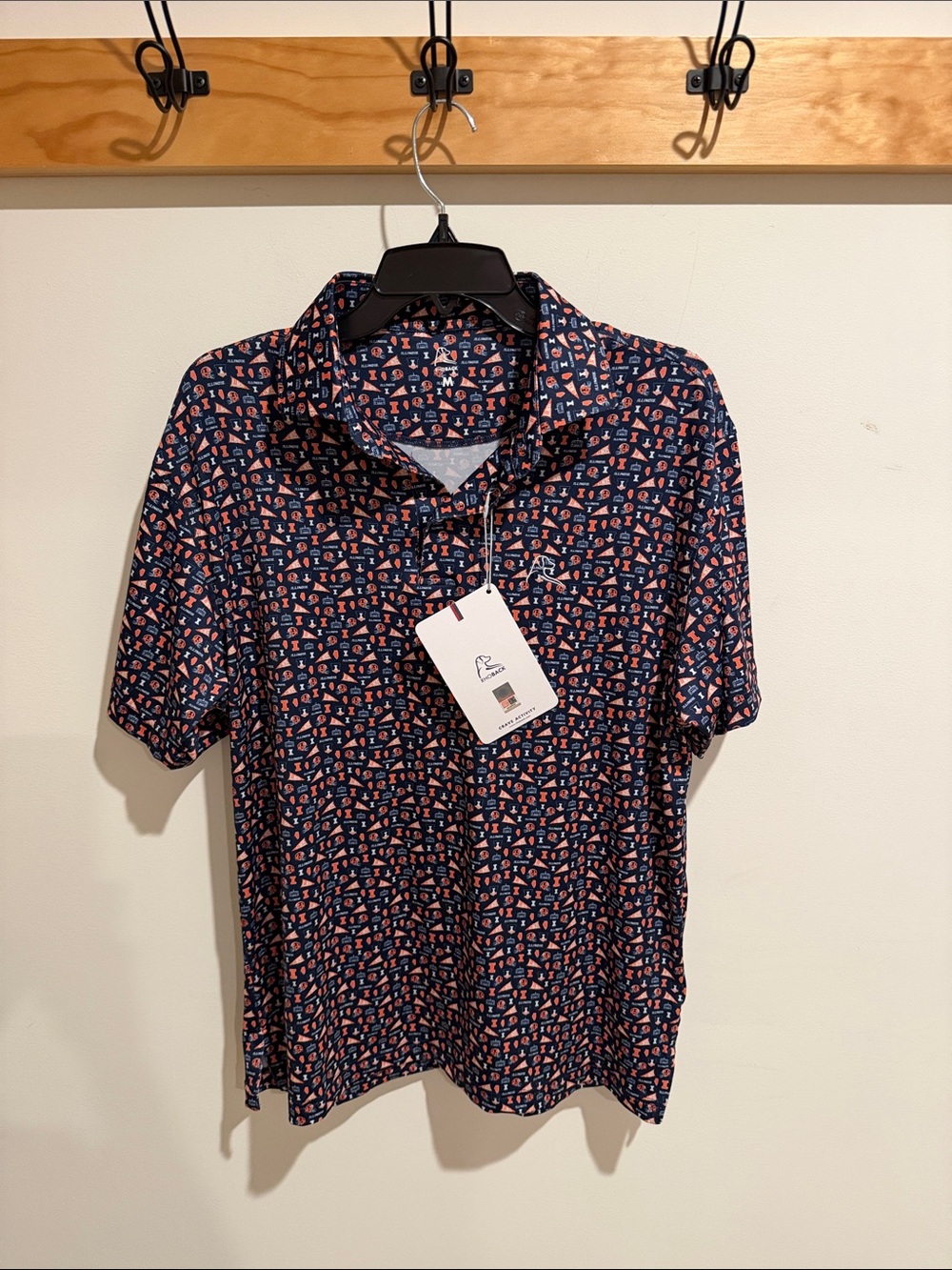 Rhoback Navy Polo with Coral Accent Print